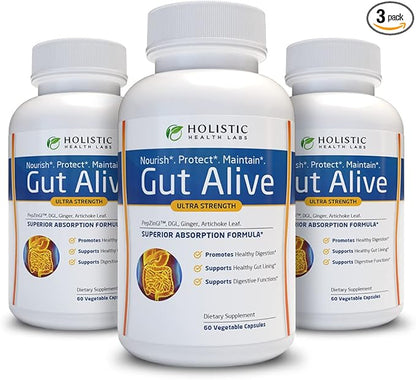 Holistic Health Labs Gut Alive - All Natural Support to Fight IBS, Heartburn, Acid Indigestion, Acid Reflux, Bloating & Gas. Unique Formulation (60 Count (Pack of 3))