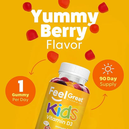 Feel Great Kids Vitamin D3 1000 IU Gummies (2-Pack) | Kids Vitamin D Gummies for Healthy Bones, Mood, & Immune Support | Citrus Flavored Vegetarian D3