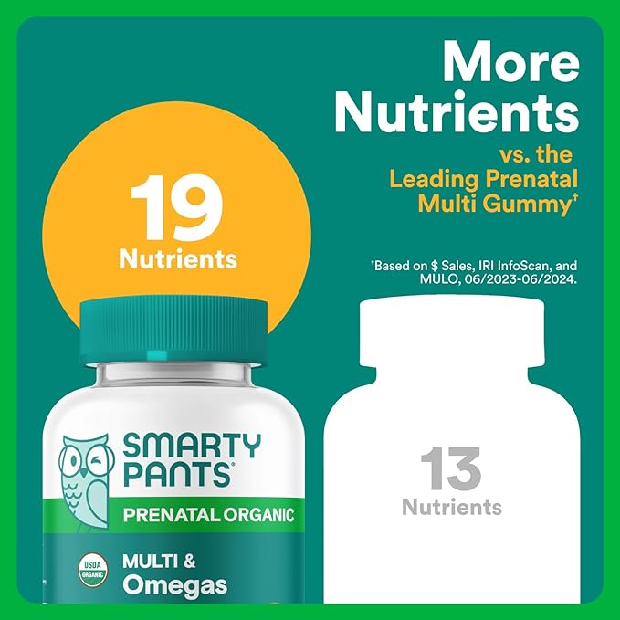 SmartyPants Organic Prenatal Vitamins for Women,Multivitamin Gummies: Biotin,Methylfolate,Omega 3 (ALA),Vitamin D3,C,Vitamin B12,B6,A,K2 & Zinc,Choline,Vegetarian,(30 Day Supply),120 Count(Pack of 2)