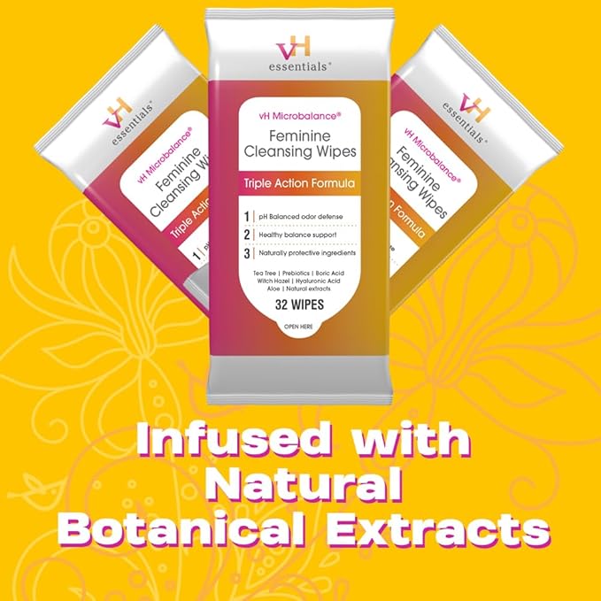 vH essentials Feminine Cleansing Wipes - pH Balanced, Prebiotics, Tea Tree & Aloe, Soothing Witch Hazel, Odor-Blocking Formula, Vaginal and Perianal Care, Paraben, Alcohol, and Fragrance-Free