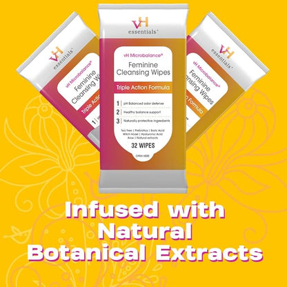 vH essentials Feminine Cleansing Wipes 32 ct. pH Balanced, Prebiotics, Tea Tree & Aloe, Soothing Witch Hazel, Vaginal and Perianal Care, Paraben, Alcohol, and Fragrance-Free (Pack of 6)