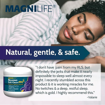 MagniLife Relaxing Leg Cream PM, 4 Oz, Homeopathic Nighttime Pain Reliever & Sleep Aid with Lavender & Magnesium, Non-Greasy Deep Penetrating Cream for Restless Legs & Discomfort