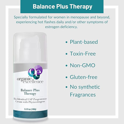 Organic Excellence Balance Plus Therapy - USP Bioidentical Organic Progesterone Cream for Women - with Phytoestrogens - for Menopause Relief and Natural Hormone Balance, 3.3 fl oz (100g)