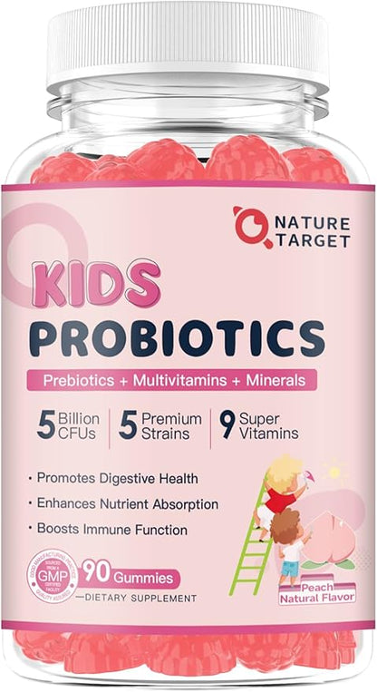 Probiotics for Kids, Kids Probiotic-Multivitamin Gummies with 5 Billion CFUs for Digestive Health & Immune Support, with Vitamins, Prebiotics, Minerals for Children, Natural Peach Flavor, 45 Servings