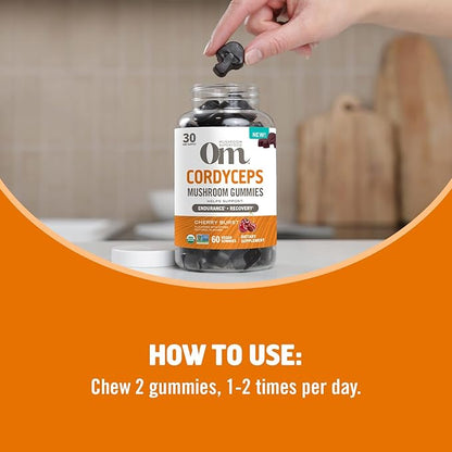 OM MUSHROOM SUPERFOOD Cordyceps Gummies – USA Grown Organic Mushrooms – Supports Endurance, Energy & Recovery – Cherry Burst Flavour – 30 Servings, 60 Count.