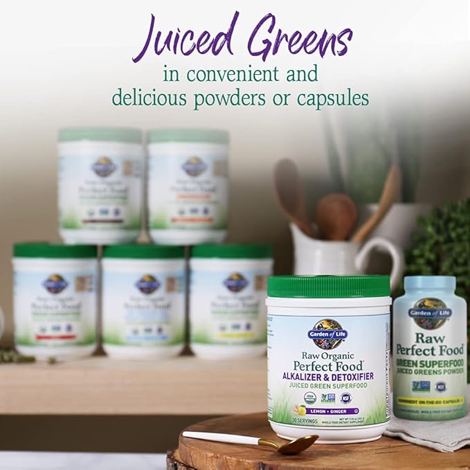 Garden of Life Raw Organic Perfect Food Alkalizer and Detoxifier, Lemon Ginger Flavored Superfood Powder Supplement, 30 Servings
