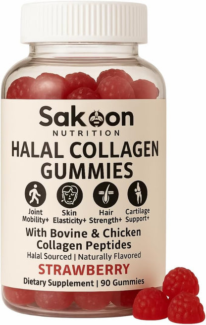 Sakoon nutrition Halal Certified Collagen Peptides Gummies | (Type I, II & III) Collagen Gummies for Women & Men | 90 Naturally Flavoured Strawberry Gummy to Support Hair, Skin, Joints & Nails | USA