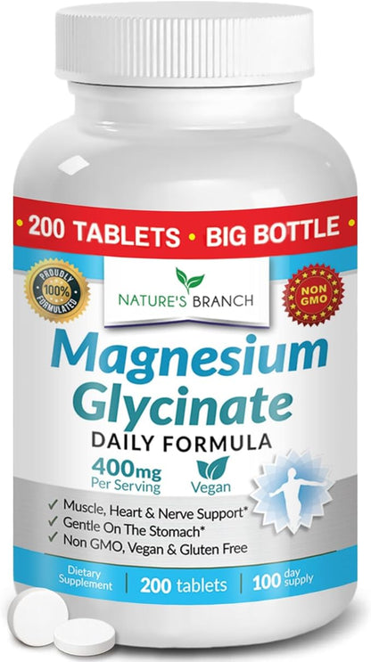 Magnesium Glycinate 400mg | 200 Tablets | High Absorption Mag Supplements for Sleep, Leg Cramps, Heart, Muscle, Calm | Non Buffered Bisglycinate, Extra Strength for Women and Men, Tablets Not Capsules