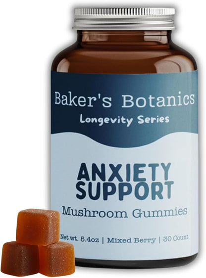 Baker's Botanics Adaptogenic Anxiety Support Mushroom Gummies - Botanicals Blend | Mixed Berry Flavor | Vegan, Gluten-Free, Non-GMO Supplement