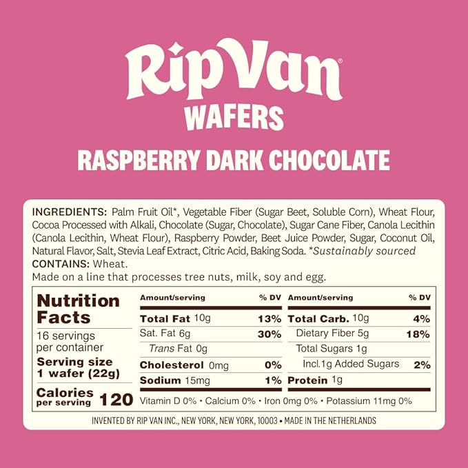 Rip Van Raspberry & Dark Chocolate Wafer Cookies - Healthy Snacks - Non GMO Keto Cookies - Keto Snacks - Low Carb, Low Sugar (1g), Low Calorie and Vegan Snack - 16 Count