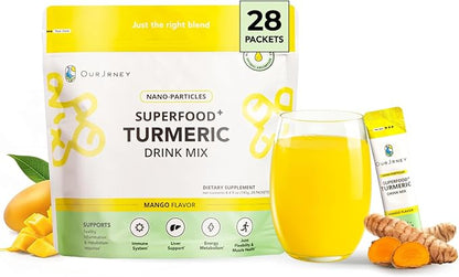 Nano Turmeric Curcumin Drink Powder Supplements–Mango Flavor Daily Morning Routine Immunity Wellness Shot, Gut Health & Joint Support - No Added Sugar, Vegan, Gluten-Free, Non-GMO,28 Sachets