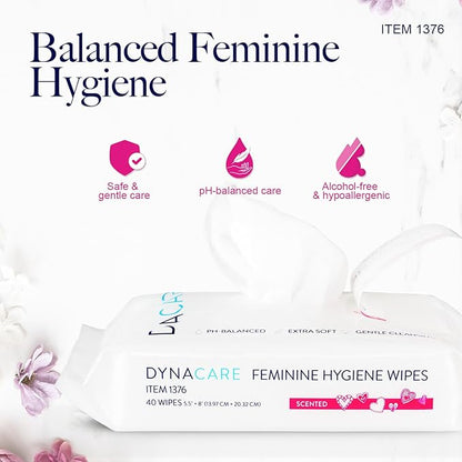 Dynarex HerCare Feminine Hygiene Wipes- 1 Pack of 40 Wipes - 5.5" x 8" pH-Balanced, Alcohol-Free, Hypoallergenic, Reseable Packs, Travel Essentials for Women