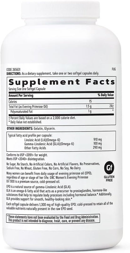 GNC Women's Evening Primrose Oil (EPO) 1300 mg | Supports Hormonal Balance, Immunity, Healthy Skin and Heart Health | Daily Vitamin | 180 Softgel Capsules