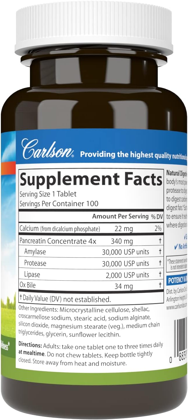 Carlson - Natural Digestive Enzymes, Digestive Aid #34 with Protease, Amylase & Lipase, Digestive Support, Nutrient Absorption & Optimal Wellness, 100 Tablets
