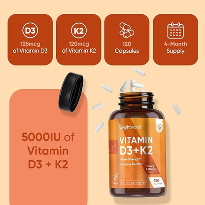 WeightWorld Vitamin D3 K2 5000IU Capsules for Bone Strength & Immune Health - 4 Months Supply Vitamin D3 and K2 Supplements - 120 Vegan D3 K2 Capsules for Women and Men, Non-GMO, Gluten-Free