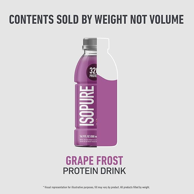 Isopure Zero Carb 32g Clear Protein Ready-to-Drink, Whey Protein Isolate, Grape Frost, 12 Pack (Packaging May Vary)