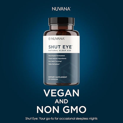 Shut Eye Natural Sleep Aid Supplement for Adults | 5mg Melatonin | Helps Relax and Promote Natural Deep Sleep with Valerian Root, Chamomile & Magnesium | Vegan & Non-GMO | 60 Capsules