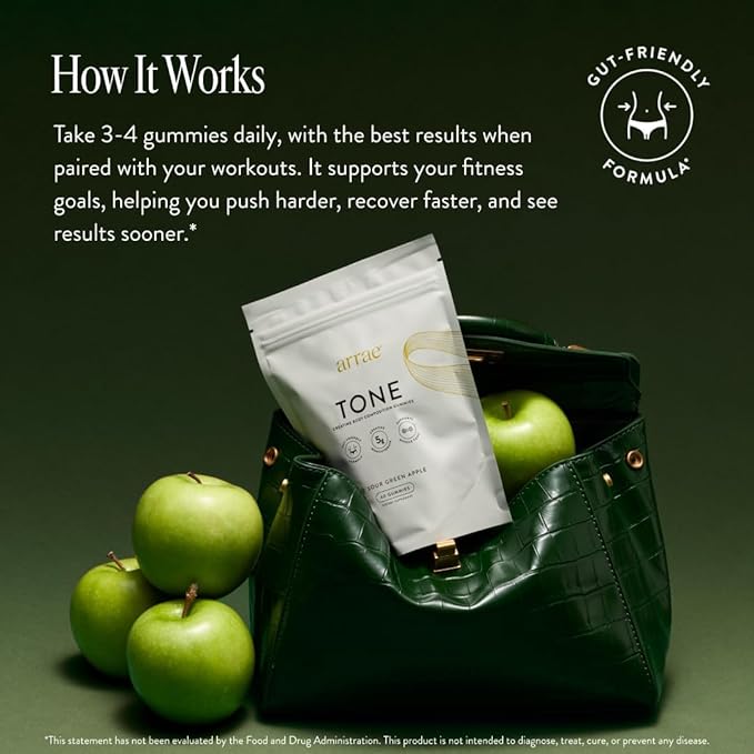 Arrae Tone Gummies – Creatine Monohydrate 5g for Women – Support Lean Muscle, Strength & Recovery – Sour Green Apple Flavor – 90 Count