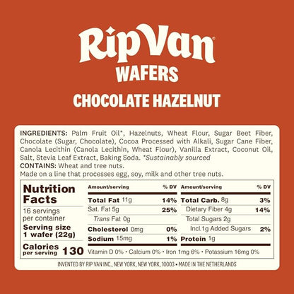 Rip Van Chocolate Hazelnut Wafer Cookies, Keto, Non-GMO, Healthy Snacks, Low Carb & Low Sugar (2g), Low Calorie, Vegan, 16 Count