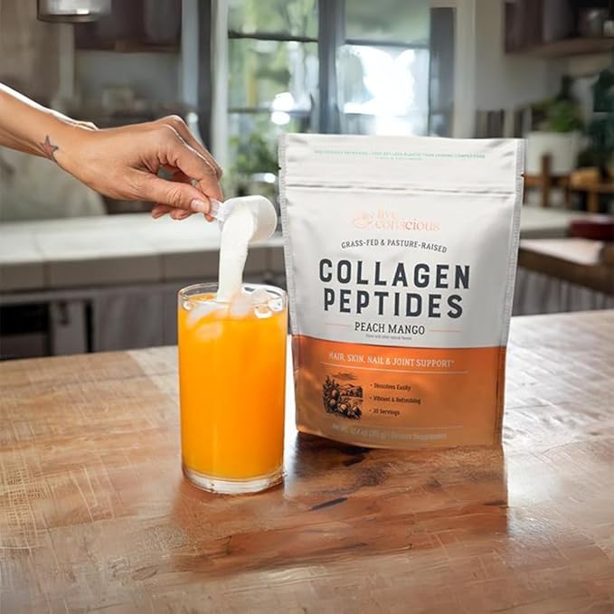 Live Conscious Collagen Peptides Powder - Peach Mango Flavored Collagen Powder - Hair, Skin, Nail, & Joint Support - Type I & III Grass-Fed Collagen Supplements for Women and Men - 30 Servings - 13oz