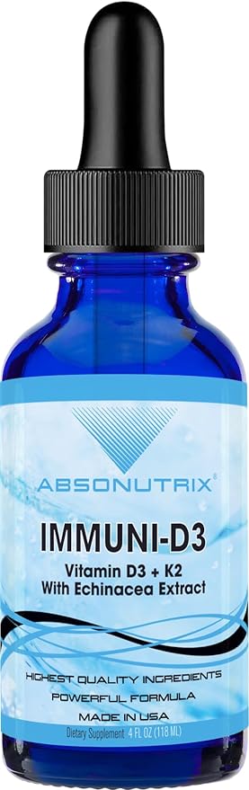 Absonutrix Vitamin D3 K2 Drops, 390mg, 4 Oz Liquid, 302 Servings, Made in USA, Quick Absorption, Quality Potent Ingredients, Non-GMO, GMP Certified, Cruelty-Free Products, (Immuni-D3)