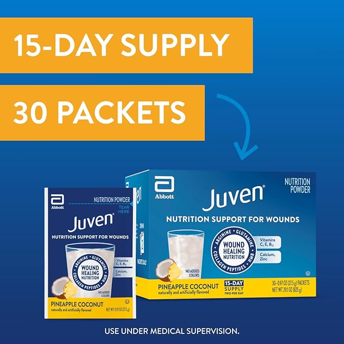 Juven Therapeutic Nutrition Drink Powder Including Collagen Peptides, Amino Acids, and HMB for Wound Healing Support, Pineapple Coconut, 30 Packets