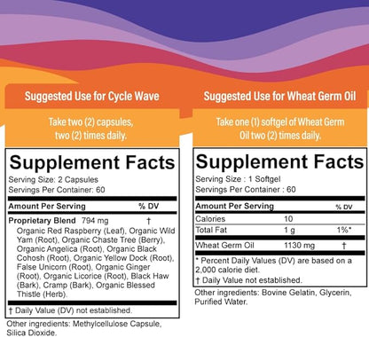 SPRIGS Cycle Wave Phase 1 Hormonal Support Kit for Tween Girls | Supplements to Promote a Healthy Menstrual Cycle & Balance Mood | 120 Herbal Capsules & 60 Wheat Germ Oil Softgels for a 30 Day Supply