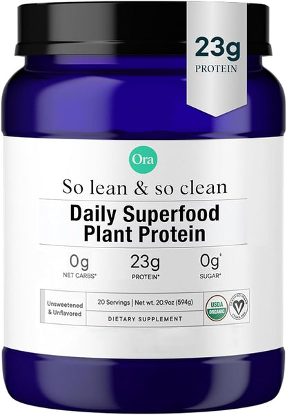 Ora Organic Vegan Protein Powder - 23g Plant Based Pea Protein + Superfood for Women and Men - Unsweetened & Unflavored - 20 Servings, No Erythritol, Keto-Friendly, Gluten-Free, Paleo, Soy-Free