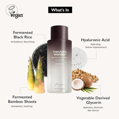 haruharu Wonder Black Rice Hyaluronic Toner for Sensitive Skin, Alcohol Free, Fragrance Free, Deep Hydration, Glass Skin, Korean Skincare, Vegan, Cruelty-Free, 5.1 fl.oz