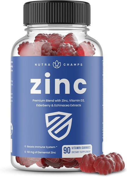 NutraChamps Zinc Gummies | 4-in-1 Zinc Gummies Adult | Zinc Chewable 50mg with Vitamin D3 2000 IU, Elderberry & Echinacea | Immune, Heart & Brain Support | 90 Count