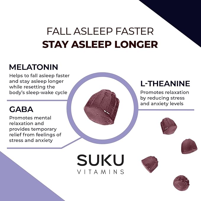SUKU Restful Sleep Gummies – 3 mg Melatonin, L-Theanine & GABA – Vegan, Sugar-Free Chewable for Relaxation & Natural Sleep Support – BlackBerry-Hibiscus Flavor – Non-GMO, Gluten-Free – 50 Count