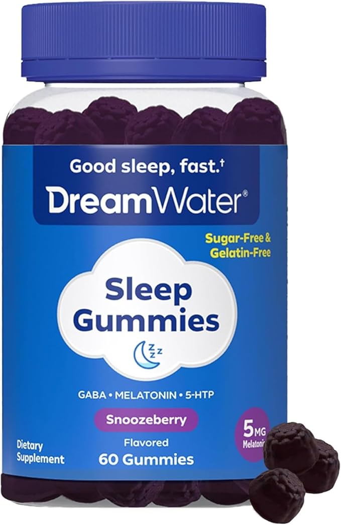 Dream Water Sleep Gummies (60 Count) Sleep Aids for Adults - 5mg Melatonin, GABA, 5-HTP - Natural Snoozeberry Flavor (Blue Raspberry) - Easy Chew Melatonin Gummies - Sugar Free, Gluten Free, Vegan