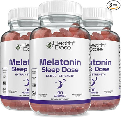 Health Dose Melatonin 6 mg Extra Strength Gummies, Pre-Bedtime Supplement for Restful Sleep, for Adults, 90 Gummies, Mixed Berries, Pack of 3
