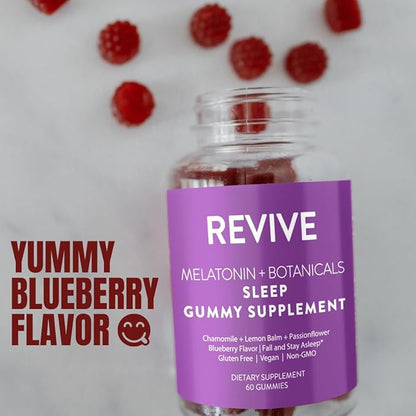 REVIVEEO Melatonin & Botanicals Sleep Gummy Supplement by Revive Essential Oils with Chamomile, Lemon Balm & Passionflower - 5 mg Melatonin - Blueberry Flavored