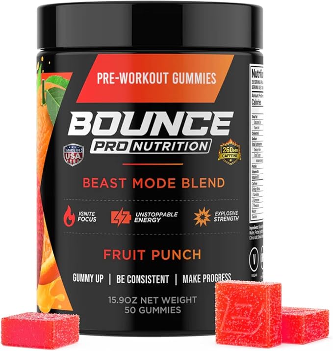 Bounce Pro Beast Mode Pre Workout Gummies with Caffeine, Beta-Alanine & L-Tyrosine for Energy, Focus & Training Intensity (50 Count (Pack of 1), Fruit Punch)
