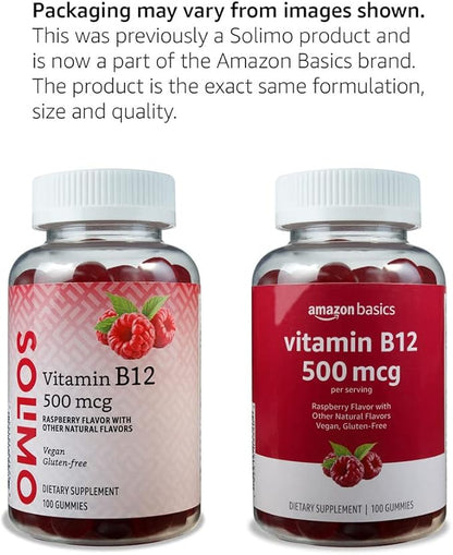 Amazon Basics Vitamin B12 500 mcg Gummies for Energy Production, Metabolism and Immune System Support, Raspberry Flavor, 100 Count