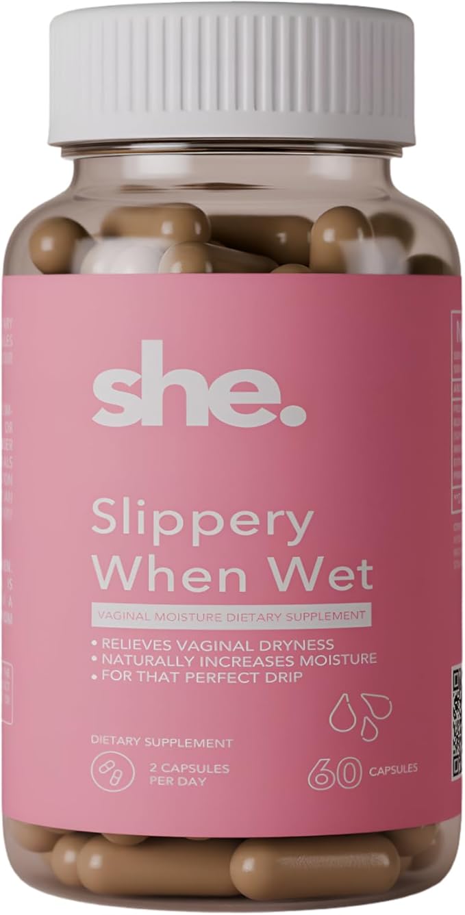 She. Slippery When Wet – Women's Intimate Moisture Support Capsules, 60 Count | Slippery Elm, Marshmallow Root, Okra Extract, Hyaluronic Acid & Evening Primrose Oil | Vegan, Non-GMO
