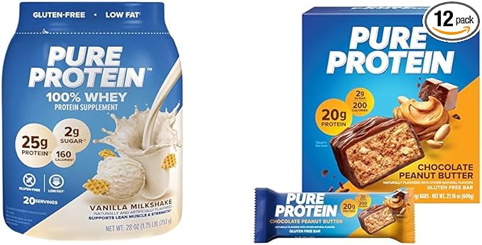 Pure Protein Powder, Whey, High Protein, Low Sugar, Gluten Free, Vanilla Cream, 1.75 lbs & Bars, High Protein, Nutritious Snacks to Support Energy, Low Sugar, Gluten Free