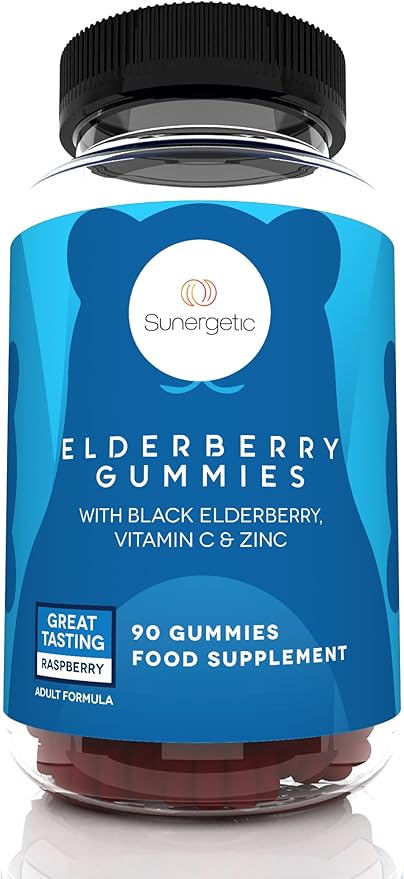 Sunergetic Premium Black Elderberry Gummies – Black Elderberry with Vitamin C & Zinc – Helps Support Immune System – Great Tasting Sambucus Elderberry Gummies – Raspberry Flavored – 90 Gummies