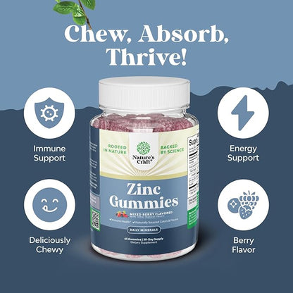 Extra Strength Zinc Gummies for Adults - Chewable Zinc Supplements for Women & Men for Energy & Immune Support - Vitamins & Mineral Supplements - 60 Count