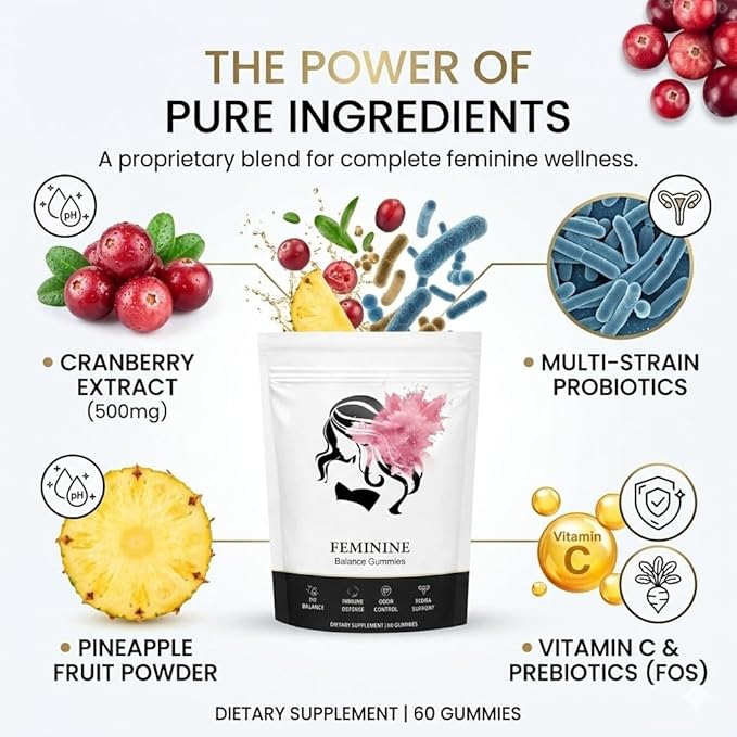 Feminine Balance Gummies, Premium Feminine Balance Gummies for Women’s, Vegan Hawaiian Pineapple, pH Balance, Healthy Odor, Flora and Immune Support, Vaginal Health Support, 60 Count (Pineapple)