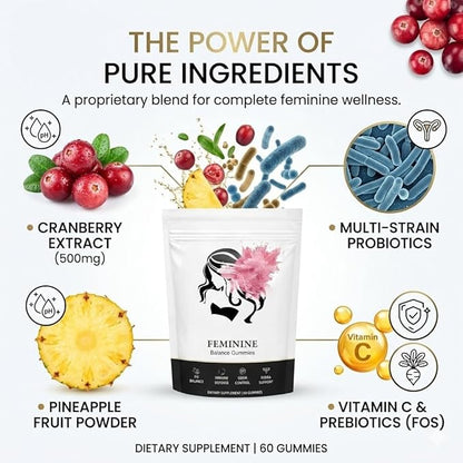 Feminine Balance Gummies, Premium Feminine Balance Gummies for Women’s, Vegan Hawaiian Pineapple, pH Balance, Healthy Odor, Flora and Immune Support, Vaginal Health Support, 60 Count (Pineapple)