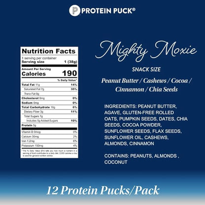 Protein Puck Vegan Plant based Protein Bar – Natural Healthy Snack Bars, 12 Count, 1.34oz Mini, Gluten Free, Dairy Free, No GMO, Kosher – Mighty Moxie – Cocoa, Cashew, Cinnamon, Sport Nutrition