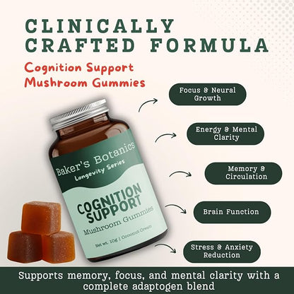 Baker's Botanics Adaptogenic Mushroom Gummies – Antioxidant Botanical Blend | Coconut Flavor | Vegan, Gluten-Free, Non-GMO Supplement