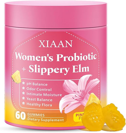 Women Probiotic Slippery Elm Gummies, Her Juicy Feminine Probiotics Supports pH Balance & Immune System, Vaginal Probiotic Gummies, Suagr-Free, Veagn, Pineapple Flavor, 60 Count