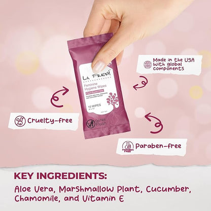 LA Fresh Feminine Hygiene Wipes with Aloe Vera Chamomile, Cucumber and Vitamin E for Refreshing - Travel Size Wipes for Women Gift Set - 3 Pack, 30 Count