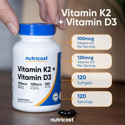 Nutricost Vitamin D3 + K2 (5000 IU D3 / 100mcg MK7), 120 Softgels – Gluten-Free & Non-GMO
