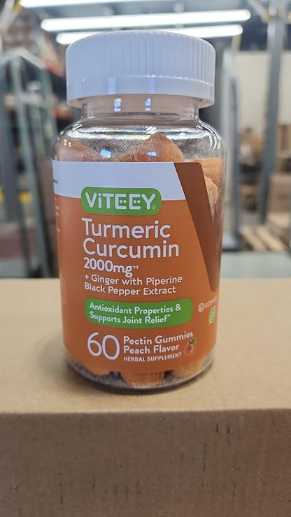 Viteey Turmeric Gummies with Turmeric Curcumin, Ginger & Black Pepper Extract - Immune Support, Healthy Skin, and Joint Health - Vegan, Gelatin Free, GMO Free - Tasty Chewable Peach Flavored-60 Count