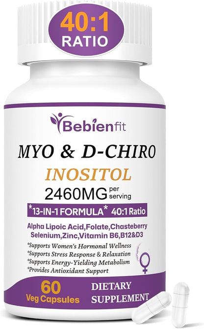 13-in-1 Myo Inositol & D-Chiro Inositol for Women,2460mg-40:1 Ratio Supplement Plus Alpha Lipoic Acid/Folate/Vitex/Magnesium,60 Vegan Capsules
