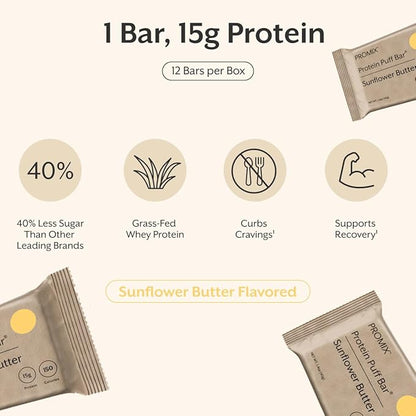ProMix Nutrition Protein Puff Bars - Sunflower Butter - Marshmallow Crispy Treat - Great Tasting & Healthy On The Go Snack - High Protein & Low Calorie - Free From Gluten, Soy, & Corn - 12 Bars